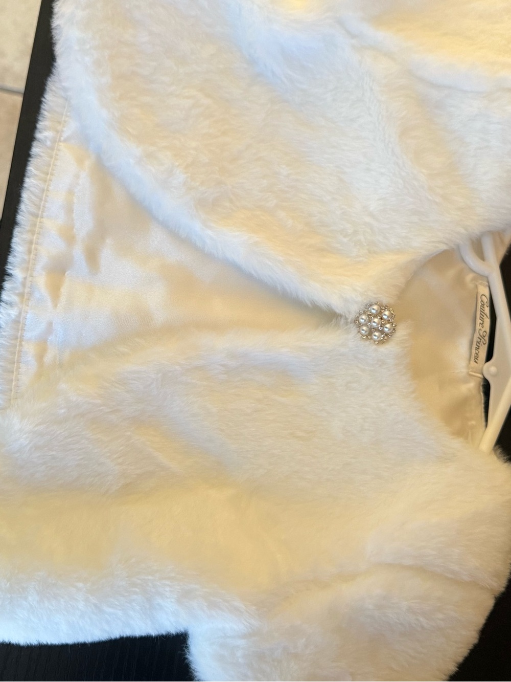 Women's White Faux Fur Teddy Jacket with Pearl Cluster Button